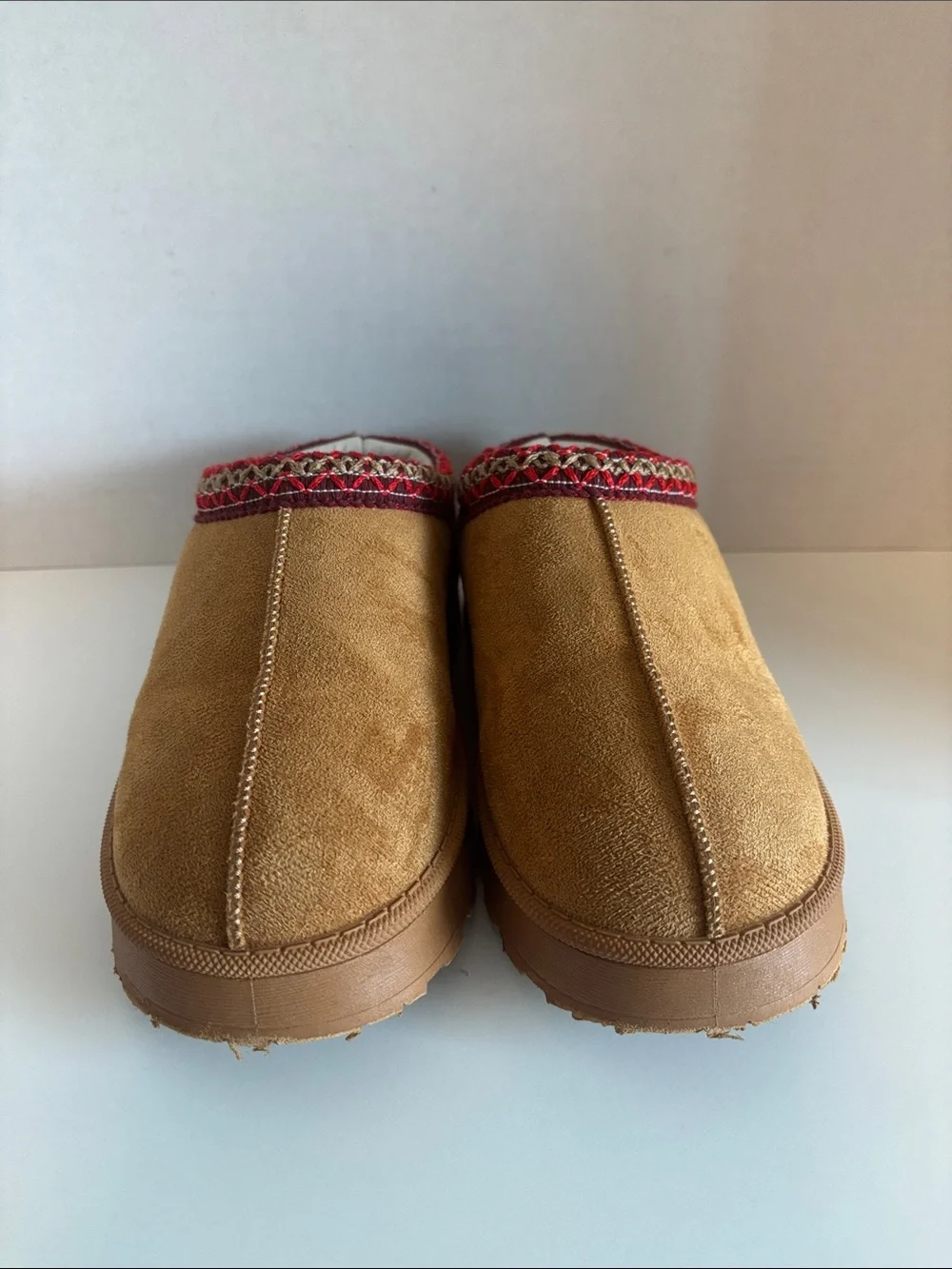 Jellypop Tan Suede Kids Slip-On Slippers with Red Trim